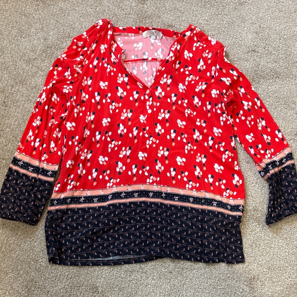 LOFT Red and Black Floral Blouse